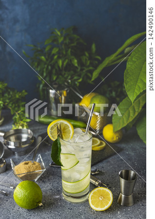 Refreshing cucumber and lemon detox water with ice and mint 142490146