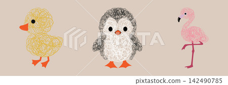 Duck, penguin and flamingo in line art vector design Duck, penguin and flamingo in line art vector design 142490785