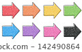 Off-print style arrow icon set, hand-drawn line art, color misalignment, pop art, crayon style. 142490864
