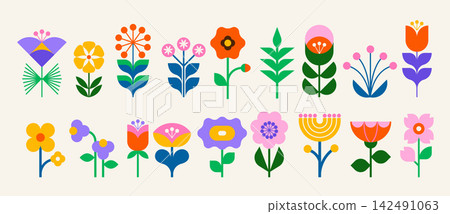 Modern flowers icons set in geometric flat style. Retro design with bright colorful floral elements Modern flowers icons set in geometric flat style. Retro design with bright colorful floral elements 142491063