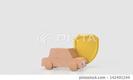 Wooden Toy Car Protected by Golden Shield 3d render. Wooden Toy Car Protected by Golden Shield 3d render. 142491244