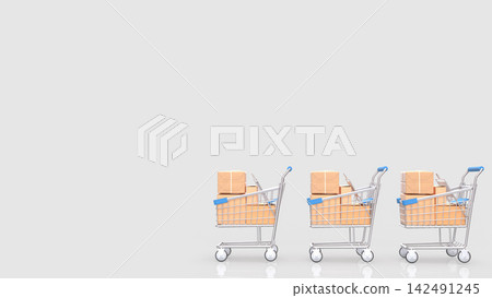 Three Shopping Carts Filled with Packages on a White Background 3d render. Three Shopping Carts Filled with Packages on a White Background 3d render. 142491245