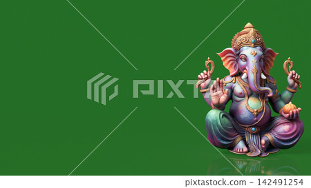 Colorful Ganesha Statue on Green Background with Copy Space 3d render. Colorful Ganesha Statue on Green Background with Copy Space 3d render. 142491254