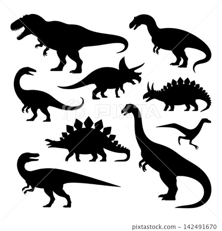 Various dinosaur silhouettes displayed on a plain background showing diverse species and postures Various dinosaur silhouettes displayed on a plain background showing diverse species and postures 142491670
