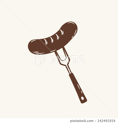 Oktoberfest celebration monochrome line art drawing of a grilled Bavarian sausage on a fork Oktoberfest celebration monochrome line art drawing of a grilled Bavarian sausage on a fork 142491919
