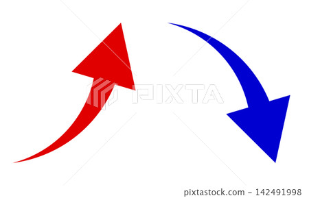 Upward and downward arrow icons, red and blue. Upward and downward arrow icons, red and blue. 142491998