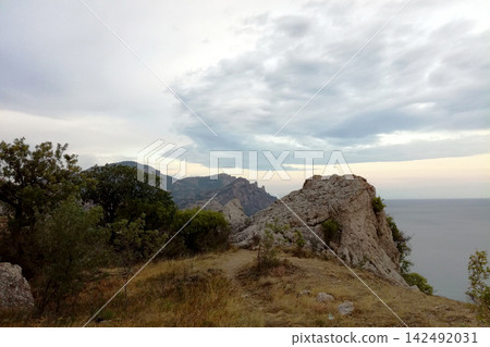 landscape with mountains covered in forest and a rocky outcrop in the foreground by the sea landscape with mountains covered in forest and a rocky outcrop in the foreground by the sea 142492031