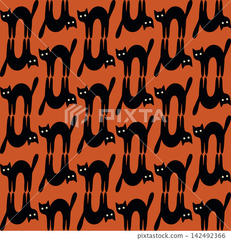 Funny black cat seamless pattern on orange background square template Funny black cat seamless pattern on orange background square template 142492366