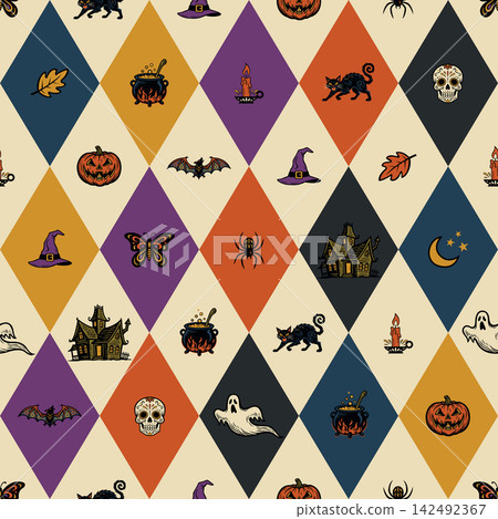 Halloween elements in colorful diamond shape seamless pattern Halloween elements in colorful diamond shape seamless pattern 142492367