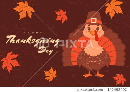 festive greeting card design featuring cute pilgrim bird and brown typography festive greeting card design featuring cute pilgrim bird and brown typography 142492402