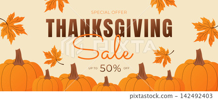 thanksgiving sale horizontal banner vector illustration with pumpkins 142492403