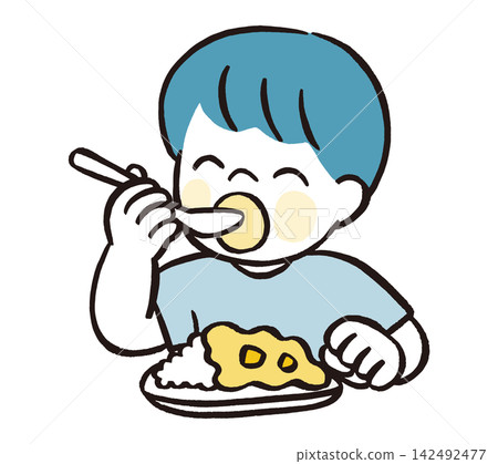 一個男孩用湯匙吃咖哩飯 | 兒童食品教育、膳食和日常生活的向量插圖。 一個男孩用湯匙吃咖哩飯 | 兒童食品教育、膳食和日常生活的向量插圖。 142492477