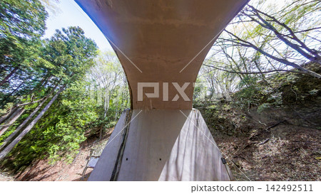 Looking up at the arch of the Kajiya-zaka Aqueduct (Piya) amidst the fresh greenery of the Tsuru Alps. Looking up at the arch of the Kajiya-zaka Aqueduct (Piya) amidst the fresh greenery of the Tsuru Alps. 142492511