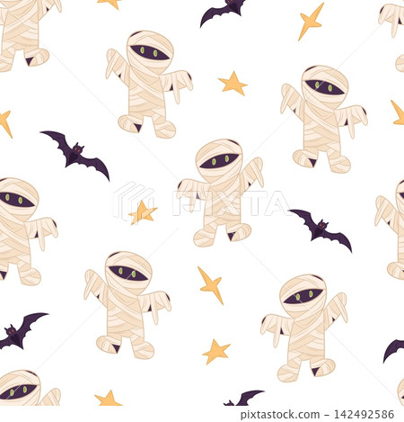 Seamless vector pattern with Halloween mummies and bats Seamless vector pattern with Halloween mummies and bats 142492586
