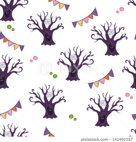 Seamless vector pattern with Halloween trees and cobwebs Seamless vector pattern with Halloween trees and cobwebs 142492587