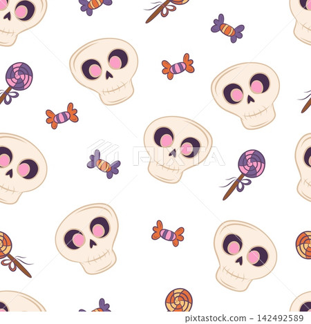 Seamless vector pattern with Halloween skulls and candy Seamless vector pattern with Halloween skulls and candy 142492589