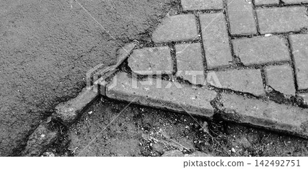 Black and White Close-Up of Paving Blocks and Asphalt Black and White Close-Up of Paving Blocks and Asphalt 142492751