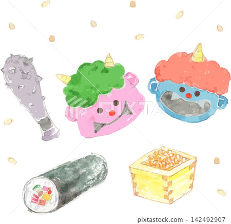 一套水彩插畫,包含惡魔、幸運豆和節分用的繪本卷。 一套水彩插畫,包含惡魔、幸運豆和節分用的繪本卷。 142492907