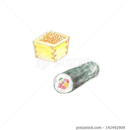 水彩插畫,描繪了江方卷(吉祥方向壽司卷)和幸運豆。 水彩插畫,描繪了江方卷(吉祥方向壽司卷)和幸運豆。 142492909