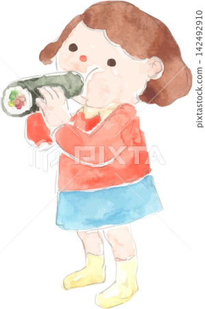 一幅水彩插圖,描繪了一個女孩在吃江方卷(一種在節分時食用的壽司卷)。 一幅水彩插圖,描繪了一個女孩在吃江方卷(一種在節分時食用的壽司卷)。 142492910