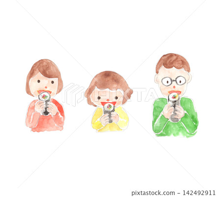 一幅水彩插圖,描繪了一家人正在吃江方卷(吉利方向壽司卷)。 一幅水彩插圖,描繪了一家人正在吃江方卷(吉利方向壽司卷)。 142492911