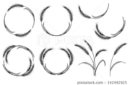 A set of circular frames featuring hand-drawn wheat stalks, in monochrome. A set of circular frames featuring hand-drawn wheat stalks, in monochrome. 142492925