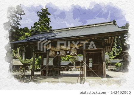 Watercolor style painting: Kumano Taisha Shrine, Ichinomiya (first-ranked shrine) of Izumo Province, Zuishinmon Gate, Matsue City, Shimane Prefecture Watercolor style painting: Kumano Taisha Shrine, Ichinomiya (first-ranked shrine) of Izumo Province, Zuishinmon Gate, Matsue City, Shimane Prefecture 142492960
