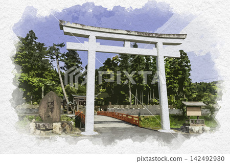 Watercolor-style painting of the torii gate of Kumano Taisha Shrine, the Ichinomiya (first-ranked shrine) of Izumo Province, in Matsue City, Shimane Prefecture. Watercolor-style painting of the torii gate of Kumano Taisha Shrine, the Ichinomiya (first-ranked shrine) of Izumo Province, in Matsue City, Shimane Prefecture. 142492980
