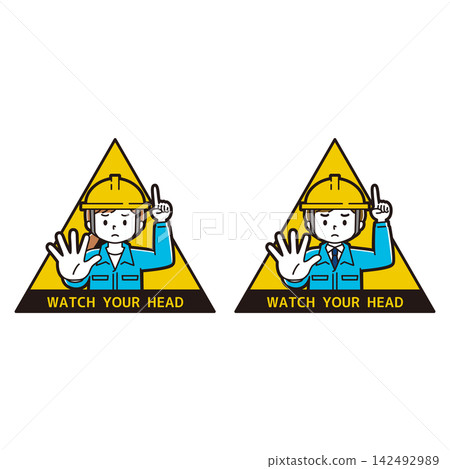 一組插圖,描繪了一男一女身穿工作服,頭戴安全帽,提醒人們注意頭頂危險。 (英文) 一組插圖,描繪了一男一女身穿工作服,頭戴安全帽,提醒人們注意頭頂危險。 (英文) 142492989