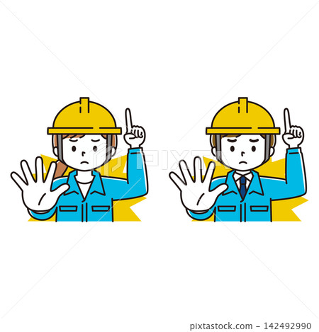 A set of illustrations depicting a man and a woman in work clothes wearing helmets to draw attention to overhead warnings. A set of illustrations depicting a man and a woman in work clothes wearing helmets to draw attention to overhead warnings. 142492990