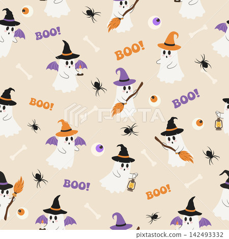 Cute Halloween ghost seamless pattern background Cute Halloween ghost seamless pattern background 142493332