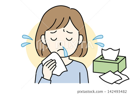 A woman suffering from a runny nose and tissues A woman suffering from a runny nose and tissues 142493482