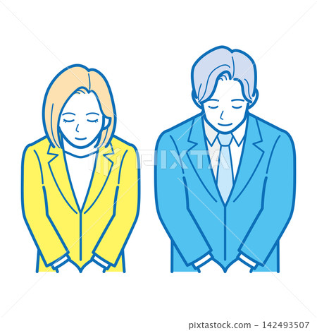 插圖:一名男性和一名女性商務人士鞠躬的上半身。 插圖:一名男性和一名女性商務人士鞠躬的上半身。 142493507