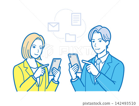 Male and female business professionals who use smartphones to share data and communicate. Male and female business professionals who use smartphones to share data and communicate. 142493510
