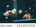 Businessman touching glowing cloud storage server hologram with secure document folders, cloud computing and data center management concept. 142493560