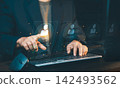 Businessman touching candidate profile hologram on screen, recruitment process, human resources management and candidate selection concept. 142493562