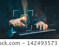 Businessman touching glowing AI head chip hologram interface on computer keyboard background, artificial intelligence and neural network concept. 142493573