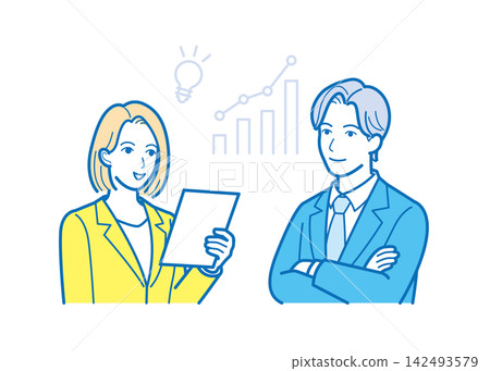 Male and female business professionals proposing and discussing ideas while showing documents. Male and female business professionals proposing and discussing ideas while showing documents. 142493579