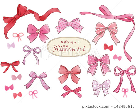 Hand-drawn illustration of a red ribbon, watercolor style illustration set Hand-drawn illustration of a red ribbon, watercolor style illustration set 142493613