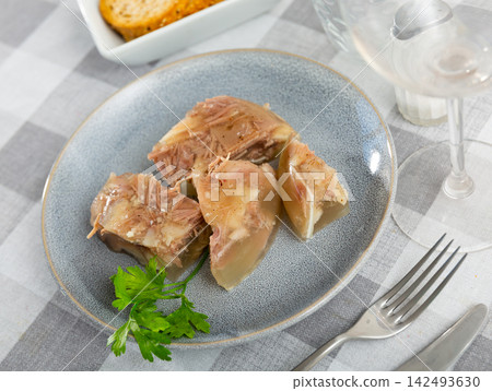 Pieces of homemade pork aspic, meat jelly Pieces of homemade pork aspic, meat jelly 142493630