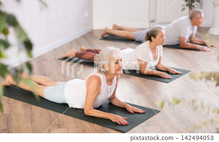 Group of elderly people doing yoga on mat in studio Group of elderly people doing yoga on mat in studio 142494058