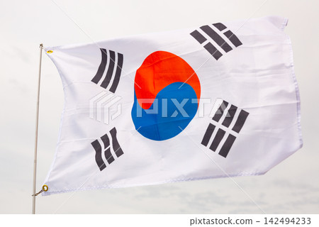 Large South Korea flag flying against sky and clouds closeup Large South Korea flag flying against sky and clouds closeup 142494233