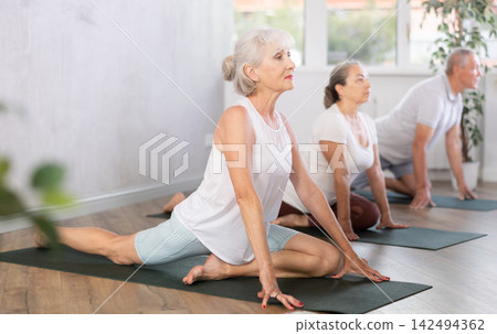 Group of elderly people doing yoga on mat in studio Group of elderly people doing yoga on mat in studio 142494362