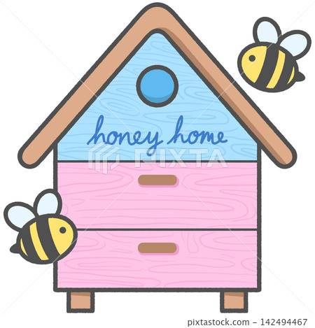 Cute cartoon wooden beehive house with flying honey bees Cute cartoon wooden beehive house with flying honey bees 142494467