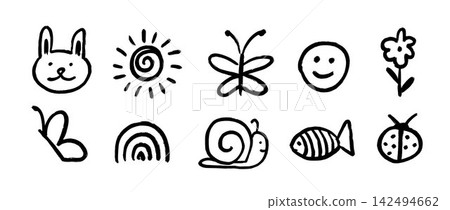 Hand drawn childish doodle collection. Cute crayon kid sketch drawings of butterfly, rabbit, snail, flower, ladybug, fish. Vector chalk pencil scribble elements for kindergarten, playground, preschool Hand drawn childish doodle collection. Cute crayon kid sketch drawings of butterfly, rabbit, snail, flower, ladybug, fish. Vector chalk pencil scribble elements for kindergarten, playground, preschool 142494662