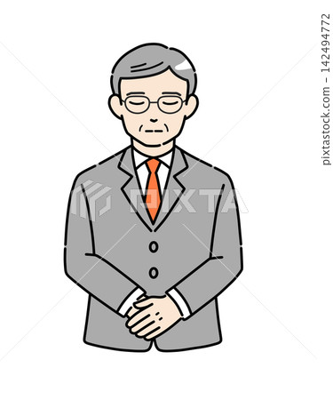 Illustration of a senior man in a suit bowing with his hands clasped (2) 142494772