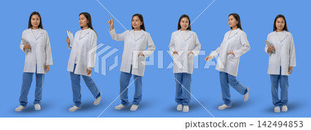Set, Medical worker poses for a mockup against a solid blue backdrop Set, Medical worker poses for a mockup against a solid blue backdrop 142494853