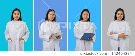 Collage, Woman in medical outfit poses for health-related tasks Collage, Woman in medical outfit poses for health-related tasks 142494854