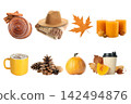 Cinnamon rolls, warm drinks, and pumpkins create a cozy autumn scene, PNG 142494876