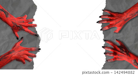 Artistic hands covered in red paint reach through torn paper, PNG Artistic hands covered in red paint reach through torn paper, PNG 142494882